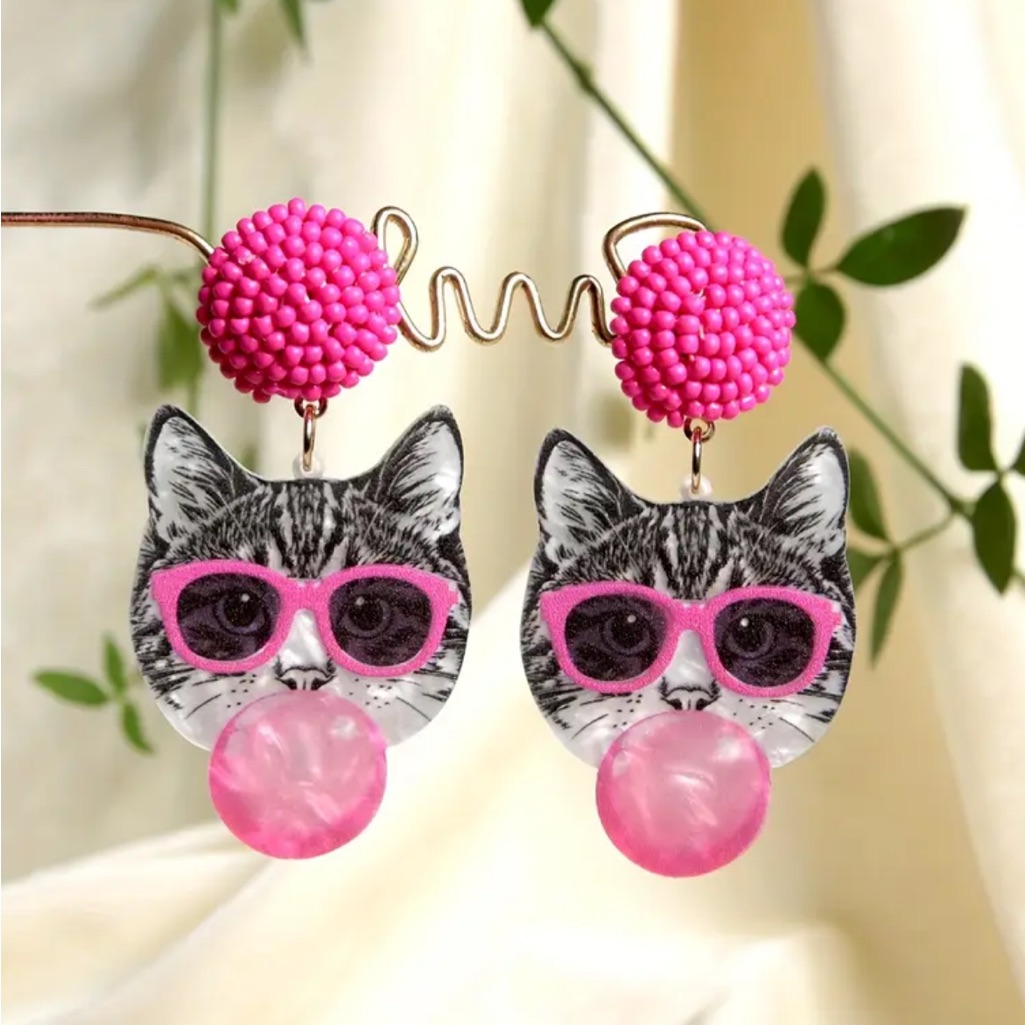 Pink Bubblegum Cat Dangle Earrings 18$
